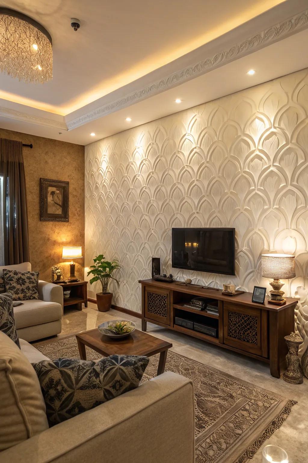Textured walls introduce depth and visual interest to a neutral interior.