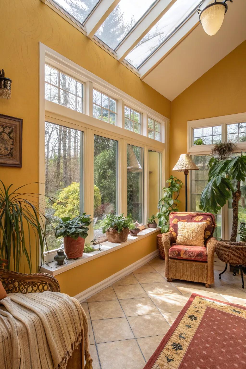Sunroom with gleaming gold walls, radiating warmth and light.
