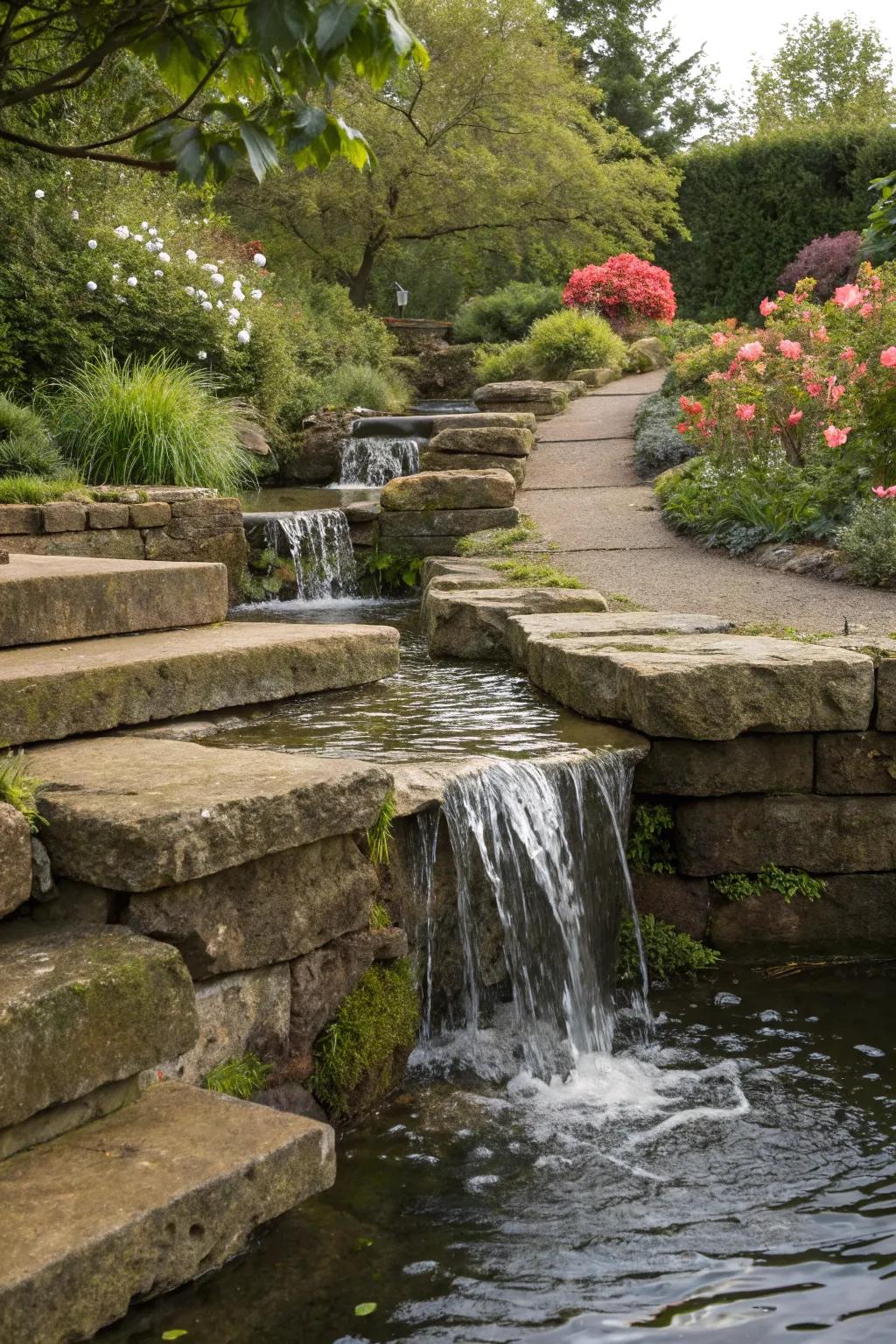 An elegant garden water feature using rock steps to build a multi-level effect.