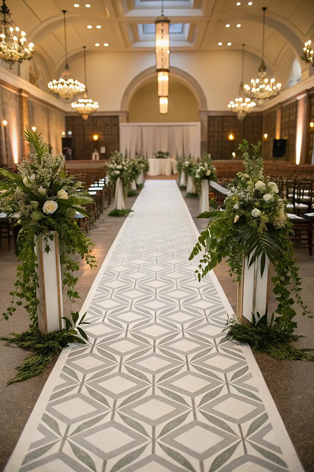 A modern geometric pattern adds a unique touch to the aisle.