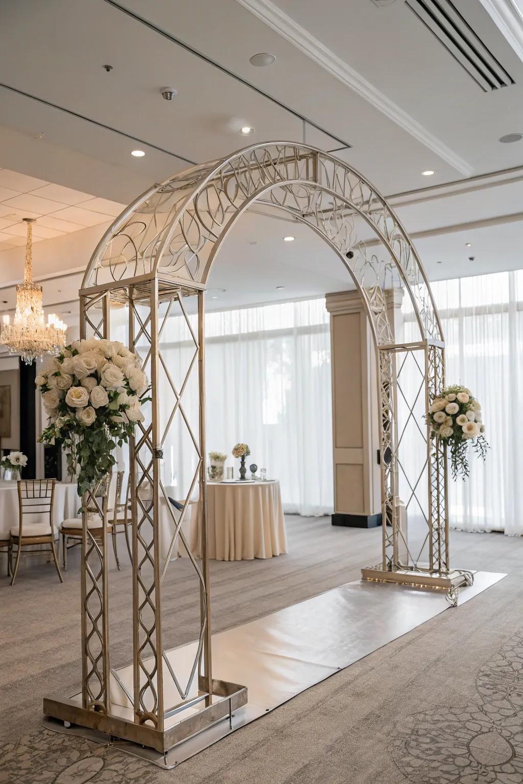 Steel accents add modern classiness to your indoor wedding arch.