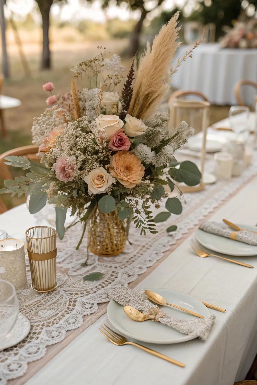 A bohemian centerpiece combining dried and fresh flowers.