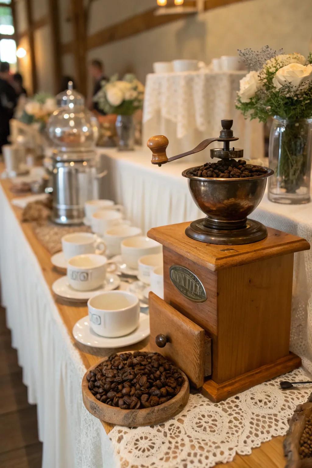 A vintage coffee pulverizer display at a wedding coffee corner.