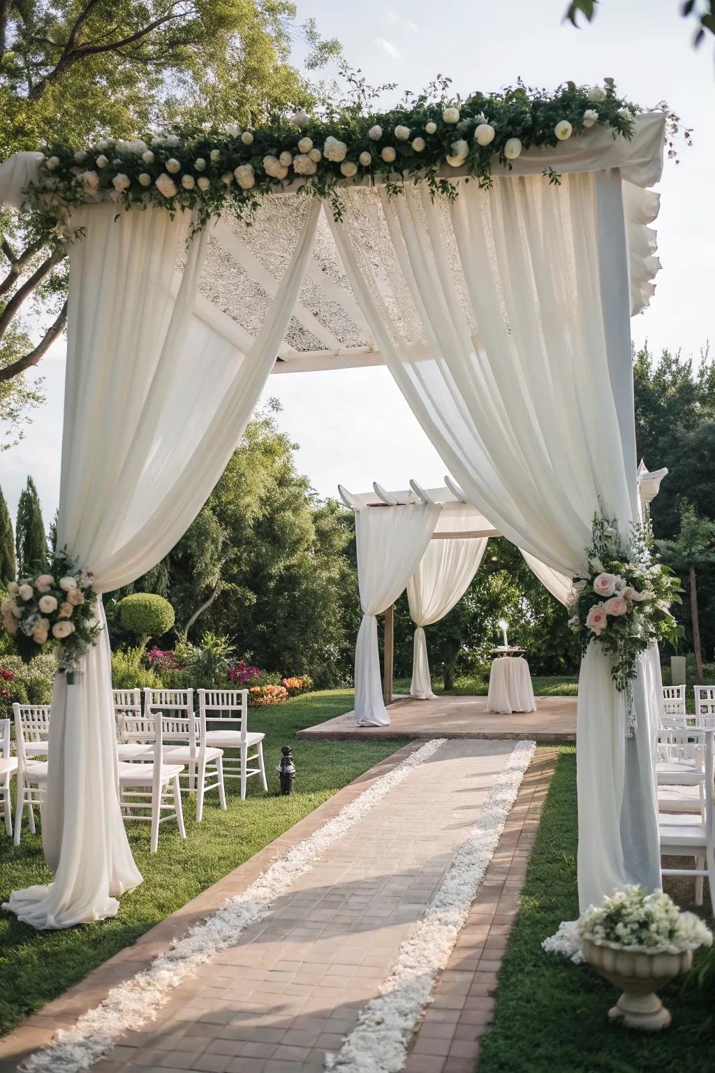 Craft an elegant outdoor setting with drapery crafting a tent vision.