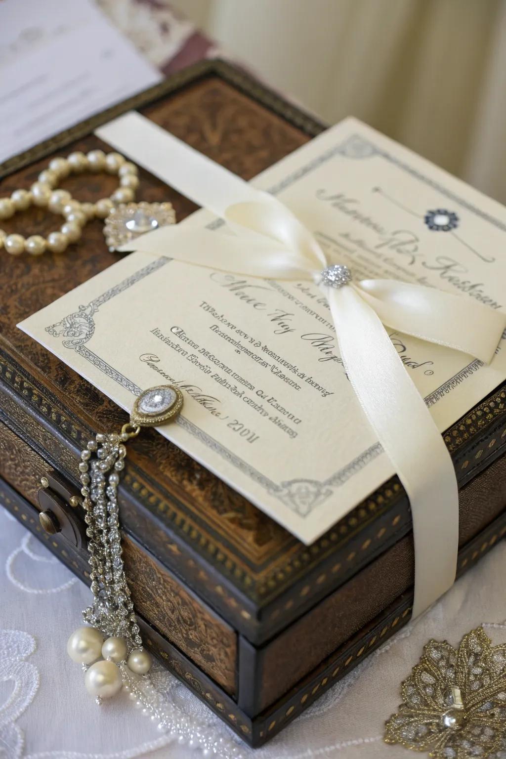 A charming combination of ribbon and charm on a wedding invitation.