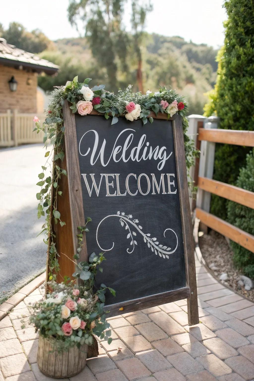 A traditional slate board greeting decorated with floral sets, crafting a timeless look.