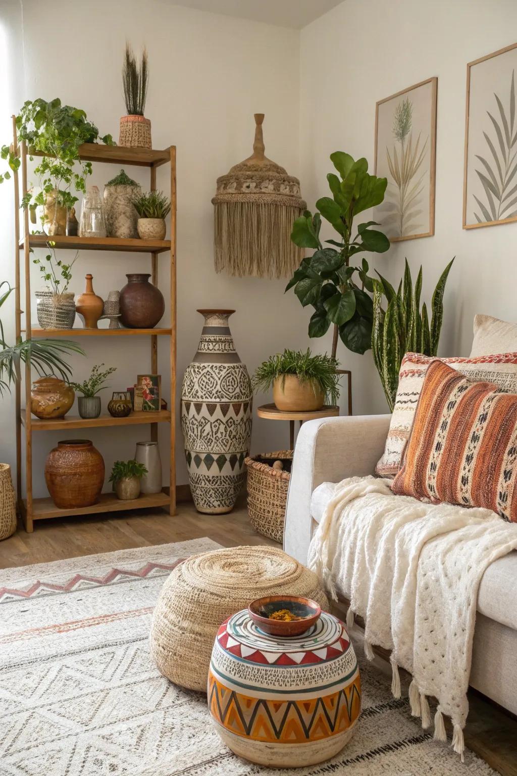 A boho decor scheme featuring decorative vases and pottery pieces.