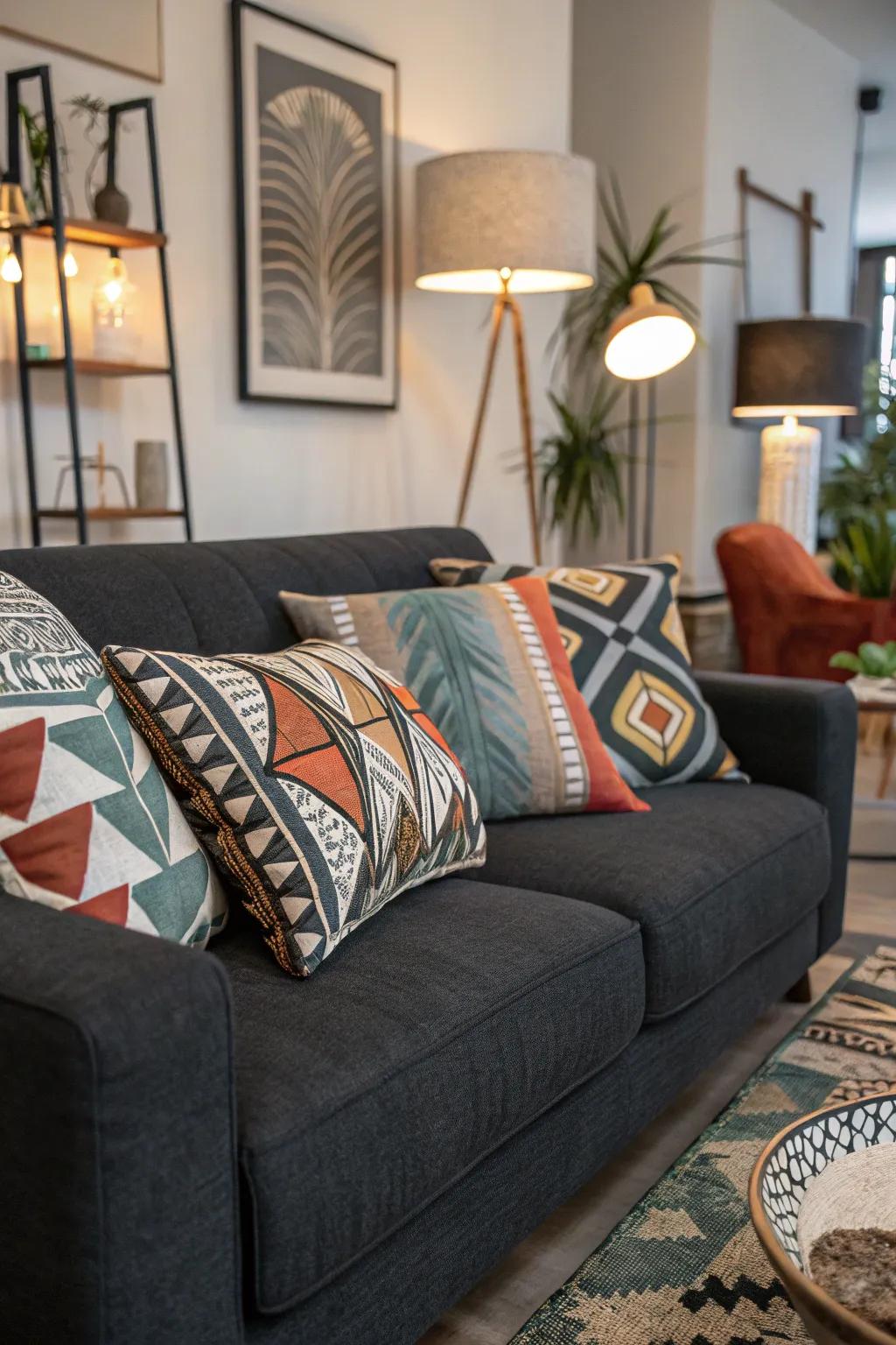 Creative patterns on pillows add personality to the dark grey sofa.
