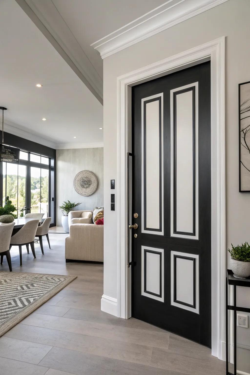 Contrasting styles doors create a striking modern contrast.