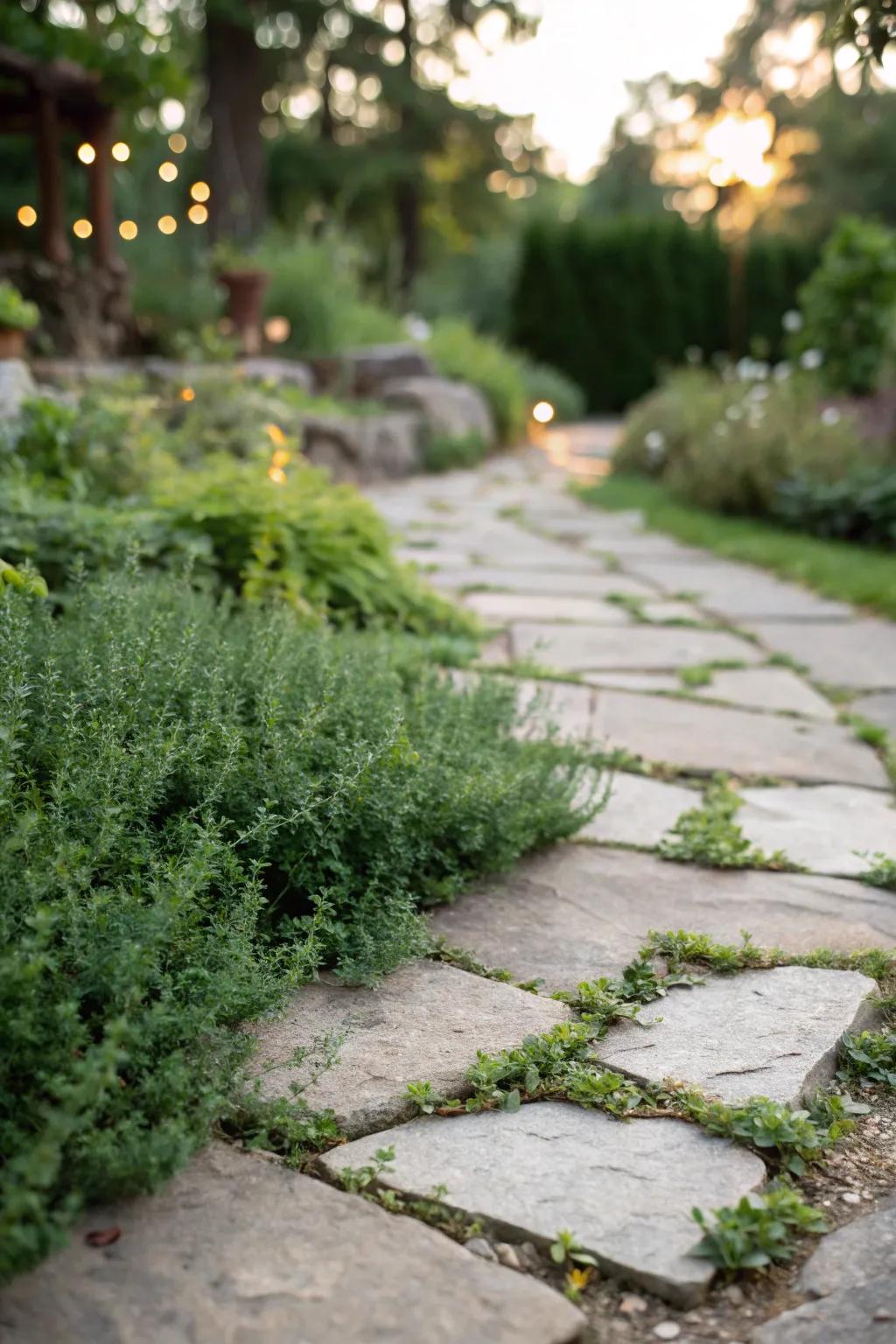 Creeping herbs provide beauty and fragrance to stone pathways.