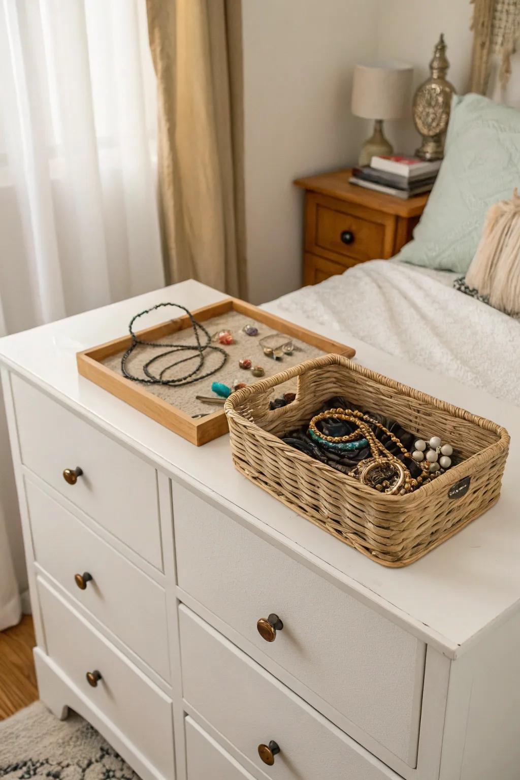 A basket to store jewelry ensures it's well-organized and beautifully presented.
