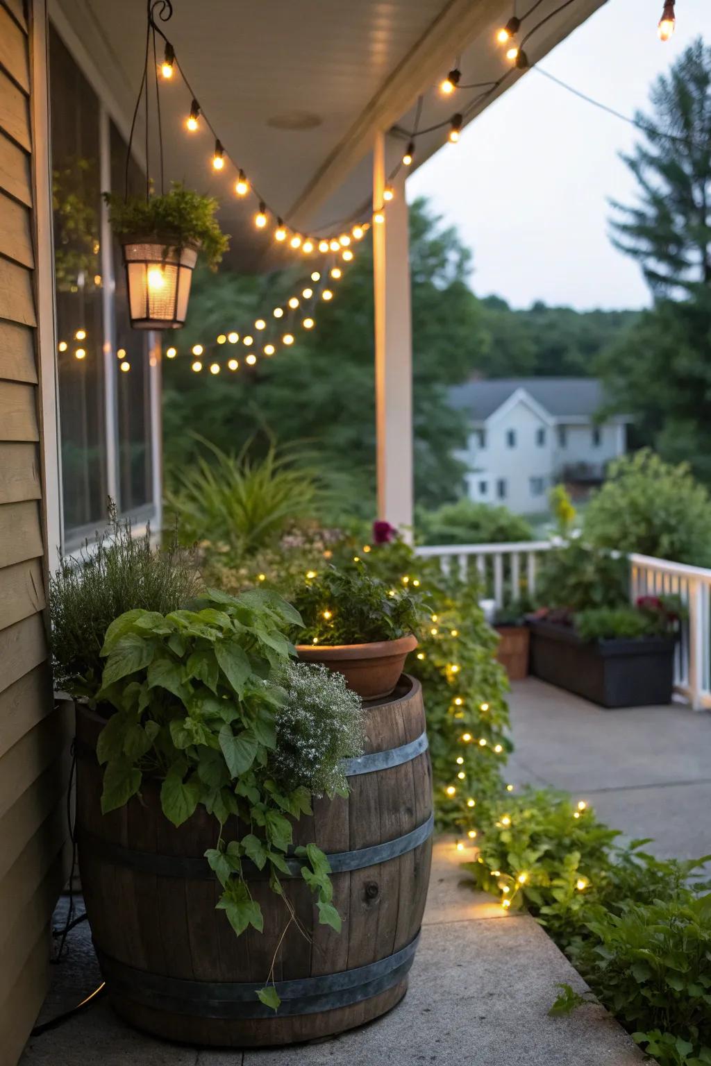 A veranda corner oasis featuring a repurposed cask and strand lights.