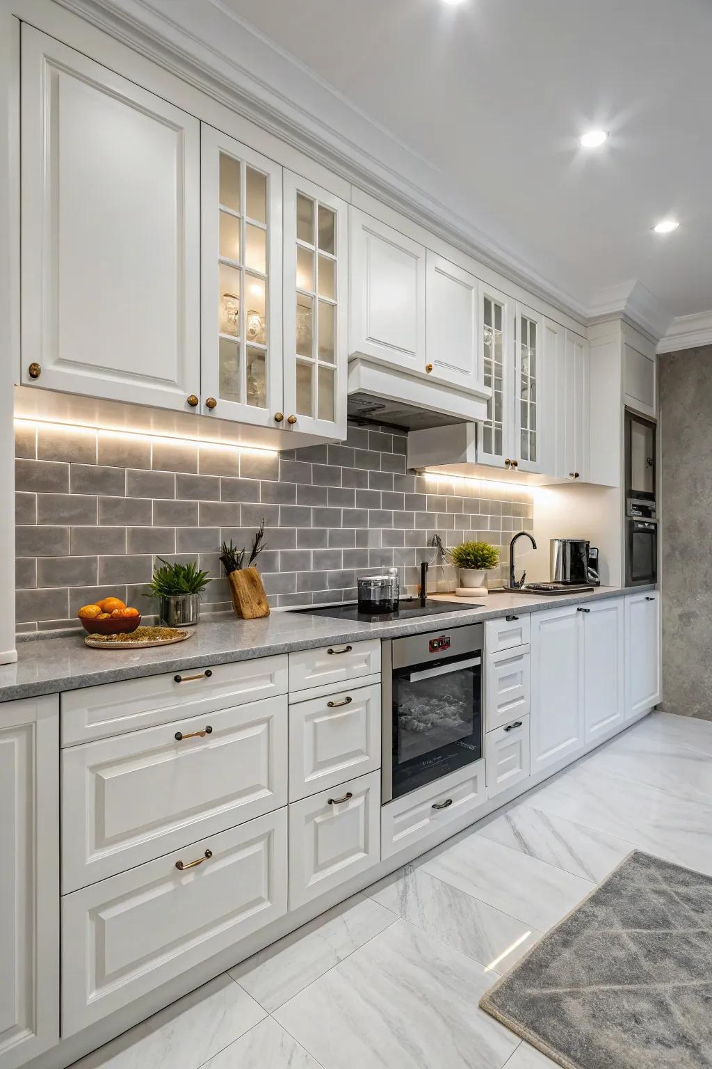 Dim tiles complementing white cabinetry with a contemporary comparison.