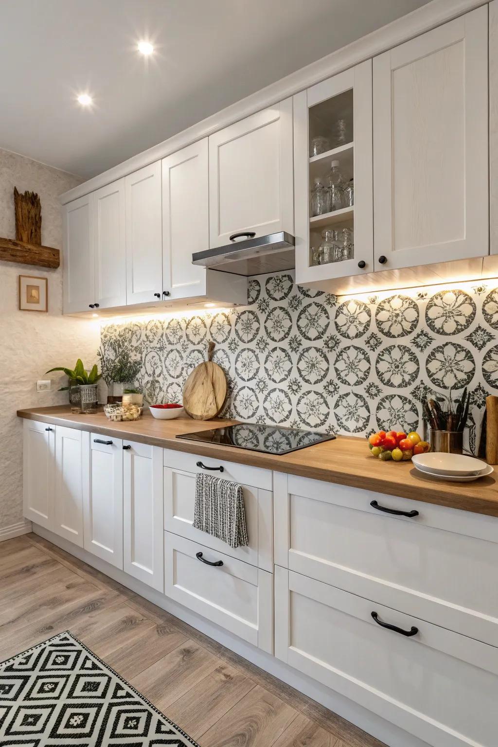 A geometric backsplash adds a unique touch to the kitchen.