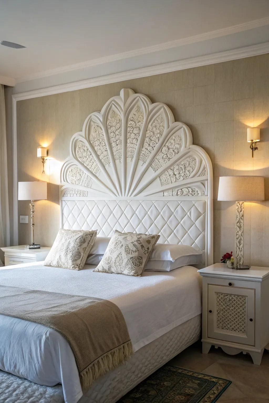 An artistic headboard can redefine the overall room's aesthetic.