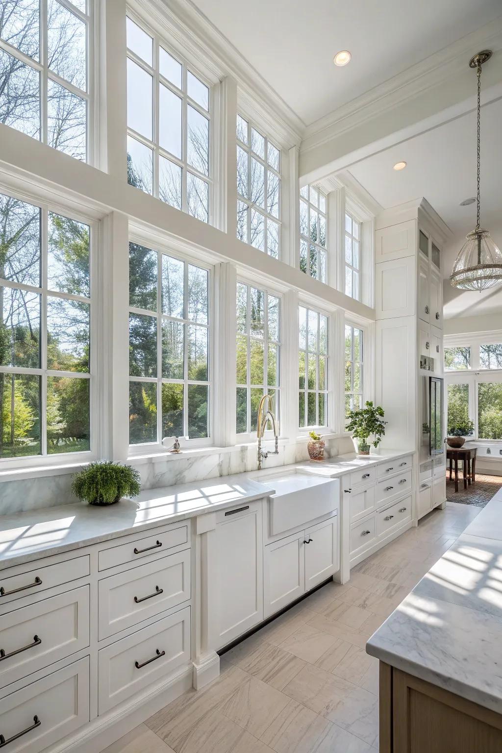 Expansive windows flood the white kitchen with sunlight, crafting an airy atmosphere.