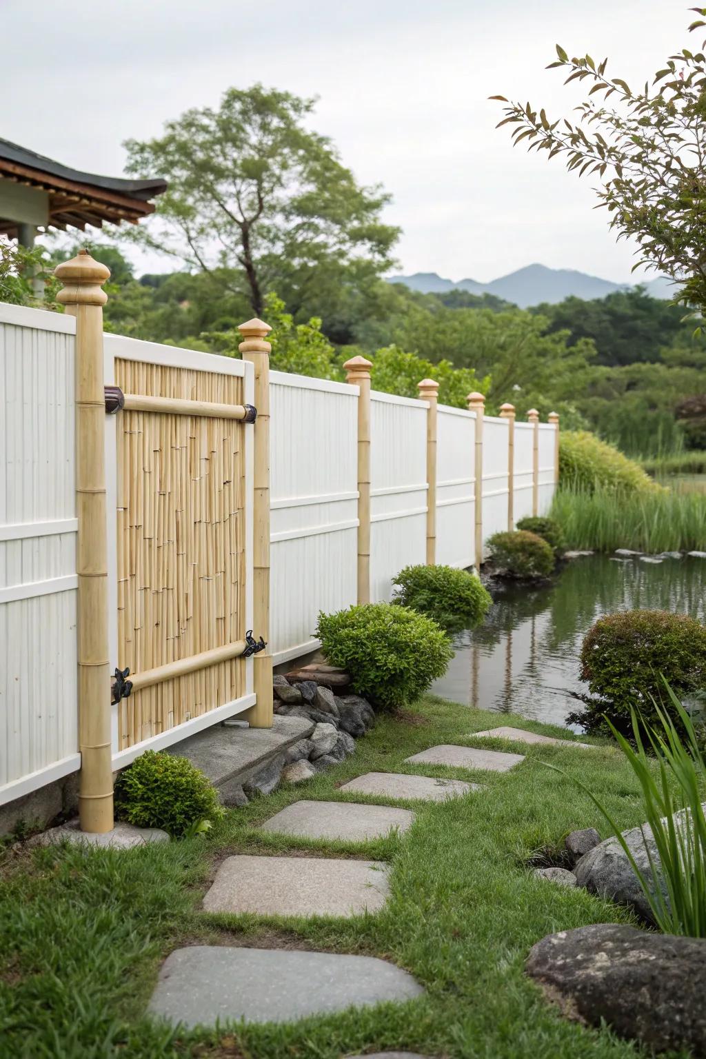 Reed details on a white fence introduce a touch of nature and tranquility.
