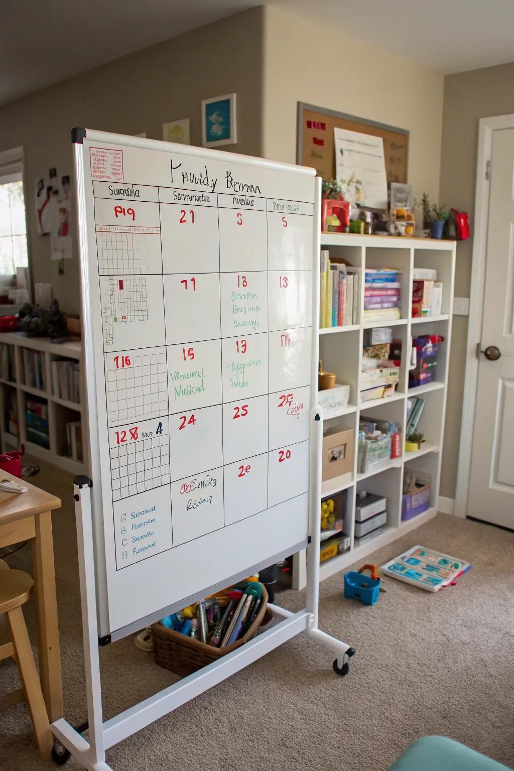 A calendar featured on the whiteboard assists in maintaining family organization.