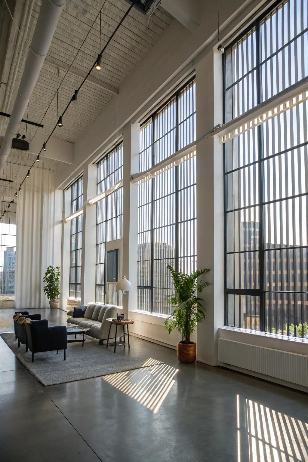 Upright coverings enhancing the modern aesthetic of a loft.