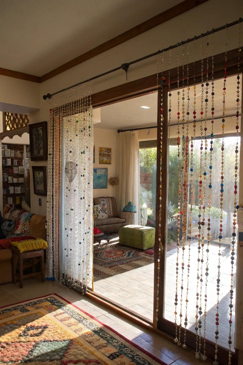 Beaded curtains add a playful and artistic touch.