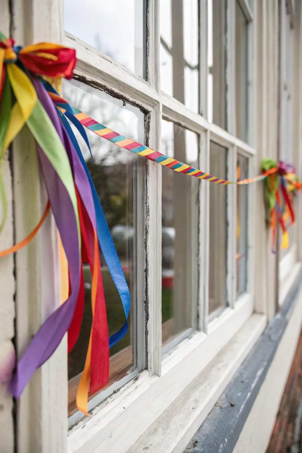 Ribbons add a playful touch to window frame decor.