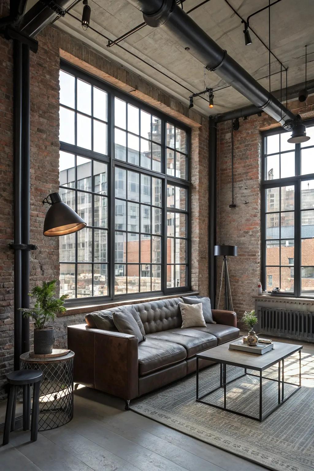 Metal-framed windows bring an industrial chic vibe.