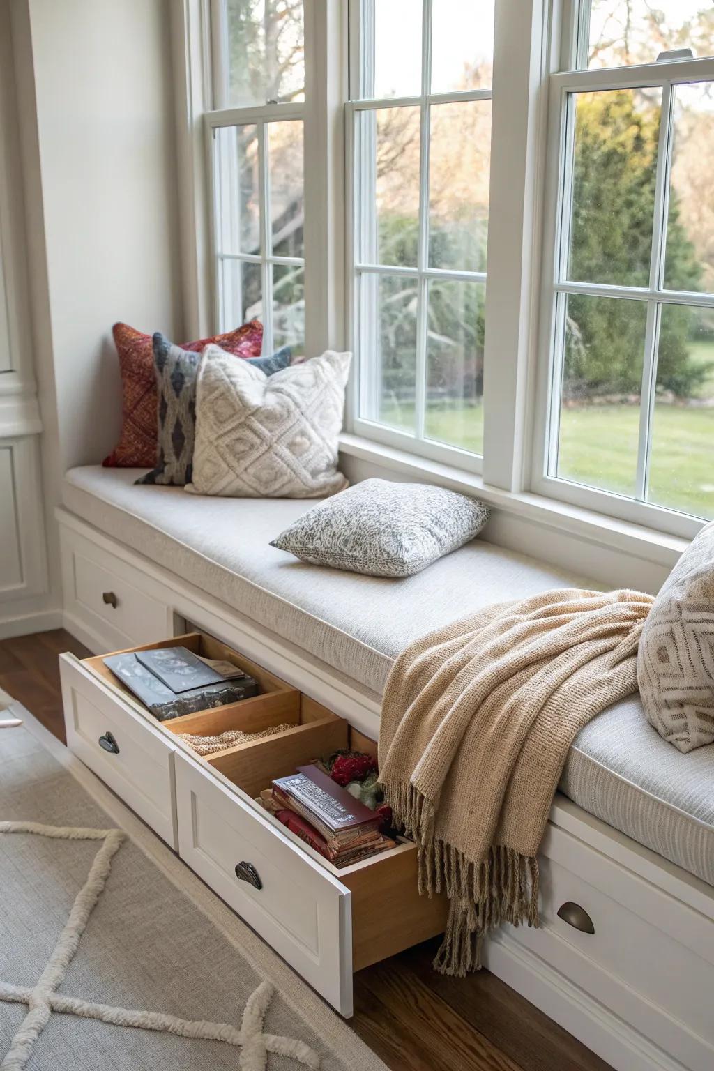 A window seat with hidden drawers to keep the area tidy.