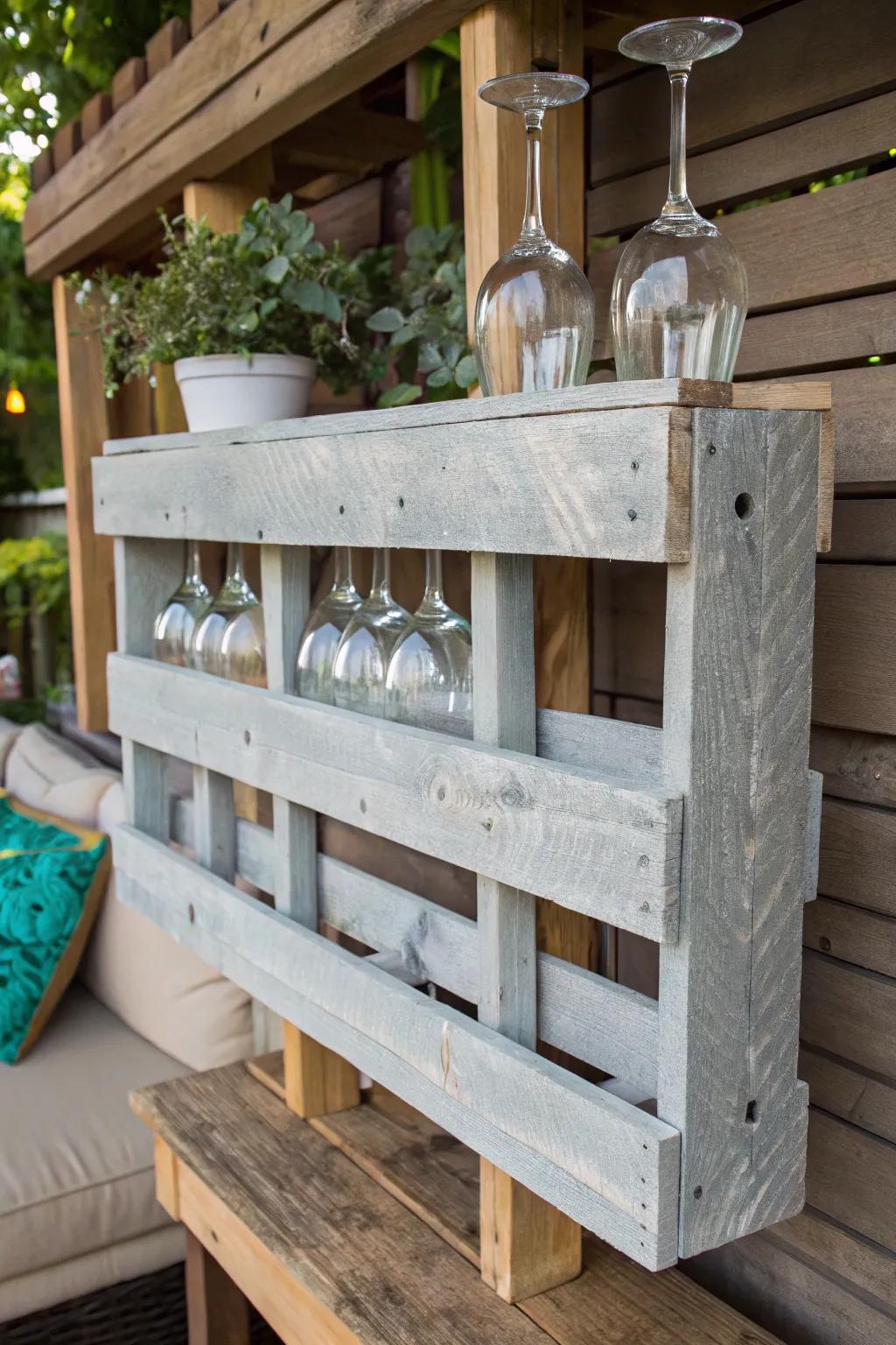 A rustic DIY pallet wine glass rack.