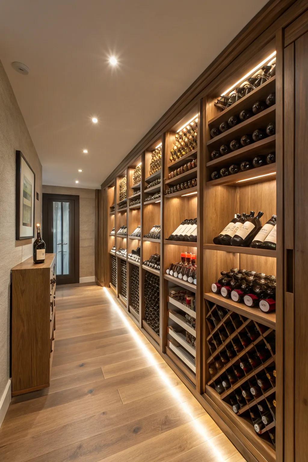 Concealed illumination in cabinets contributing an enchanting component to the wine chamber.