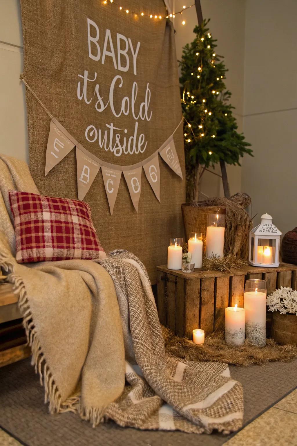 A cozy it's chilly outside theme featuring rustic linen decor.