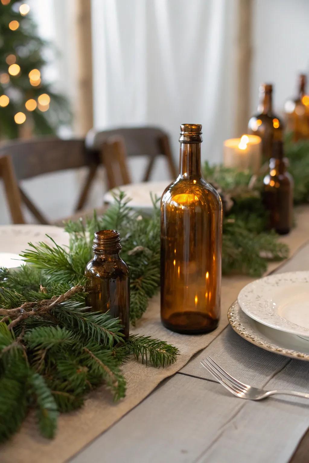 Vintage charm using amber finish bottles.