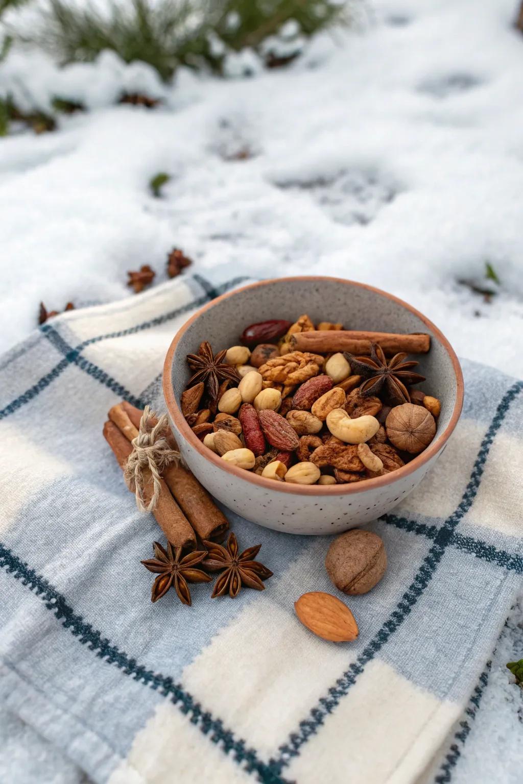 Spiced nut collection offers a flavorful snack option.