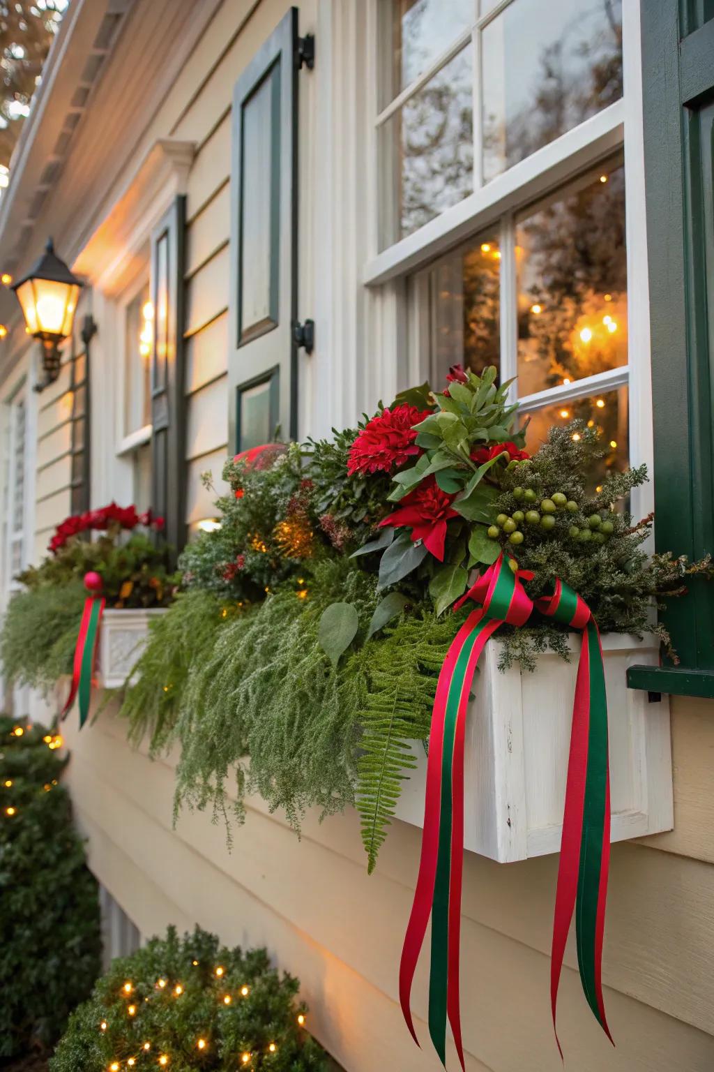 Holiday ribbons envelop this window box in cheerful warmth.