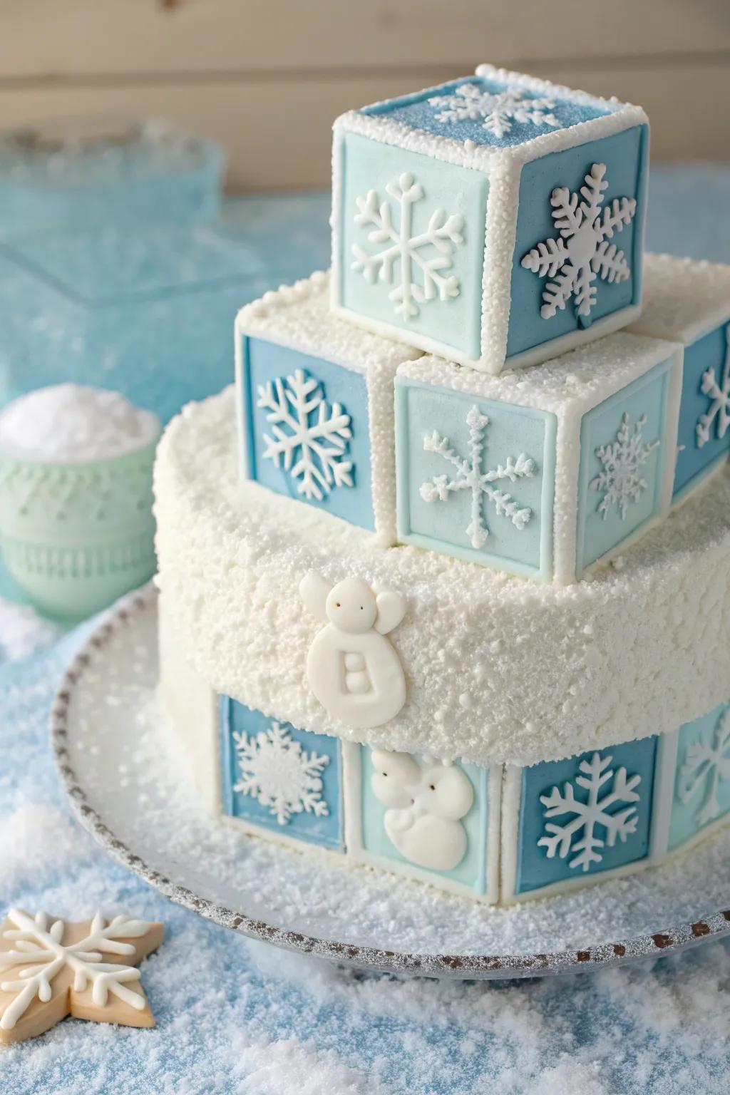 Lively baby blocks incorporate charm to this winter-themed cake.