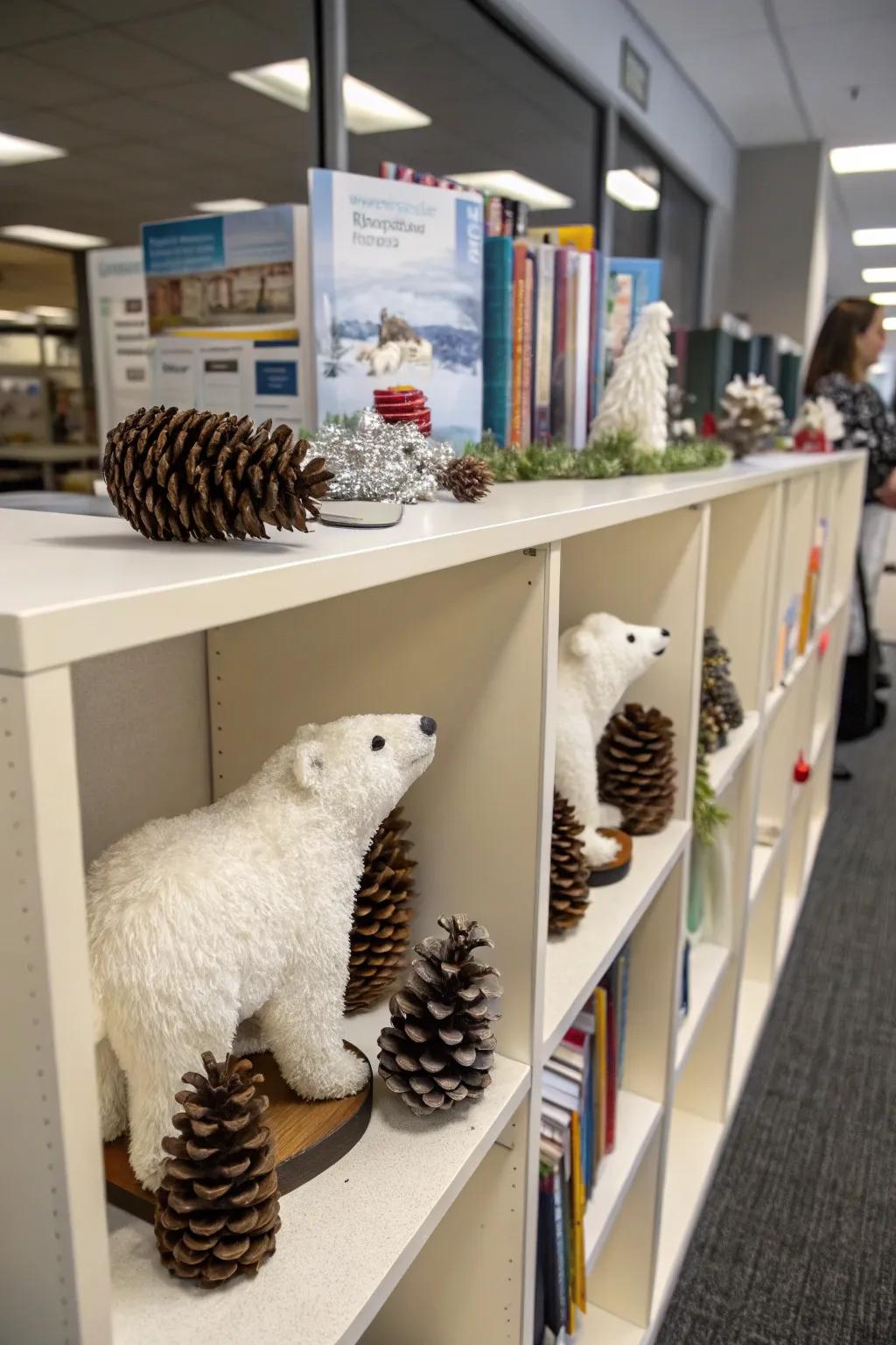 White bears and fir cones bring a playful, natural touch to your office.