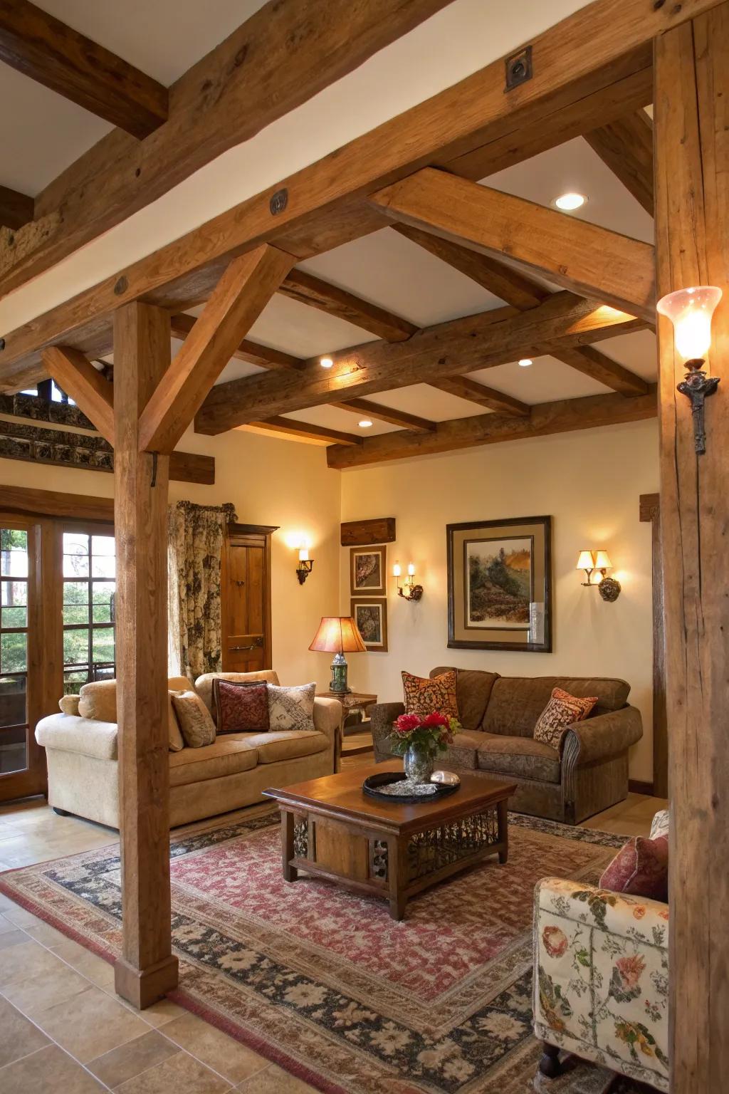 Specified living space showcasing wood beams that outline the space.