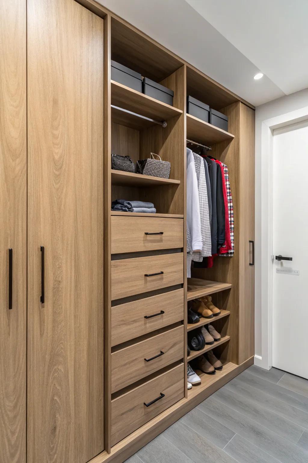 Built-in drawers maintain your closet organized and tidy.
