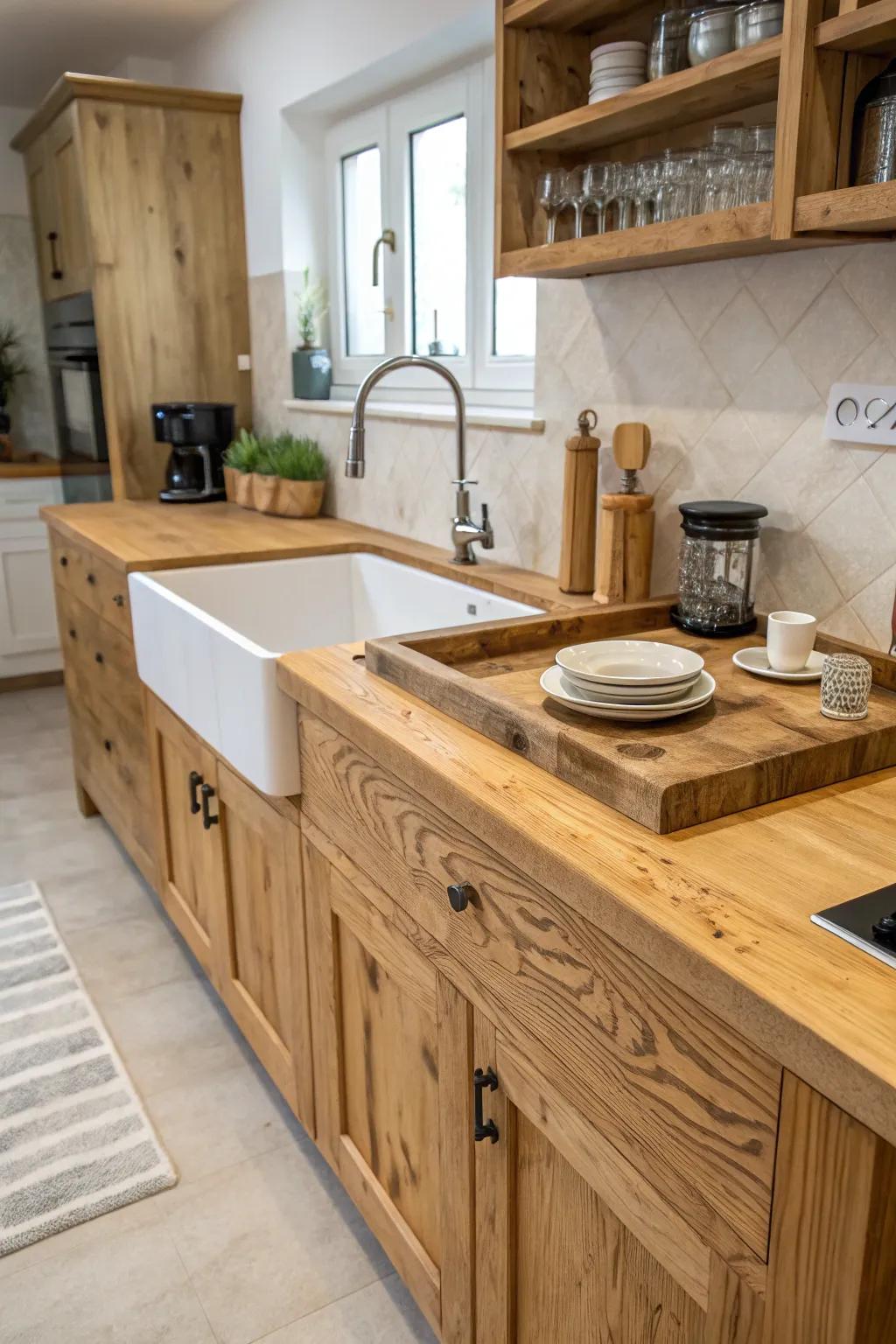 An integrated timber basin for a seamless, unique cooking area feature.