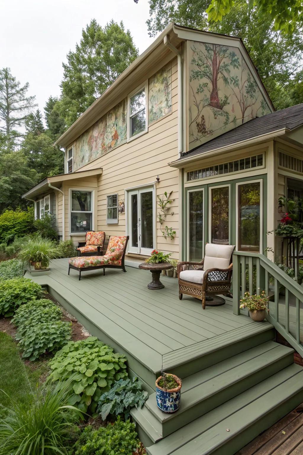 Thyme decking brings a peaceful, earthy touch to a tan house.