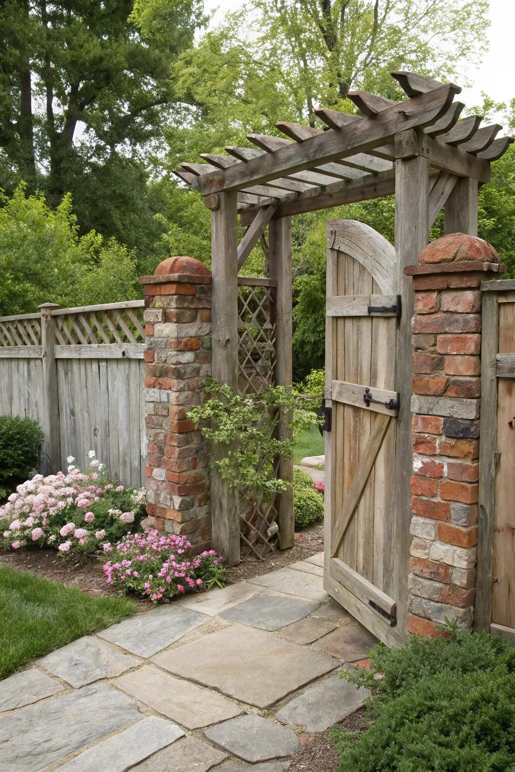 Arbor gates with mixed materials create charming garden entrances.