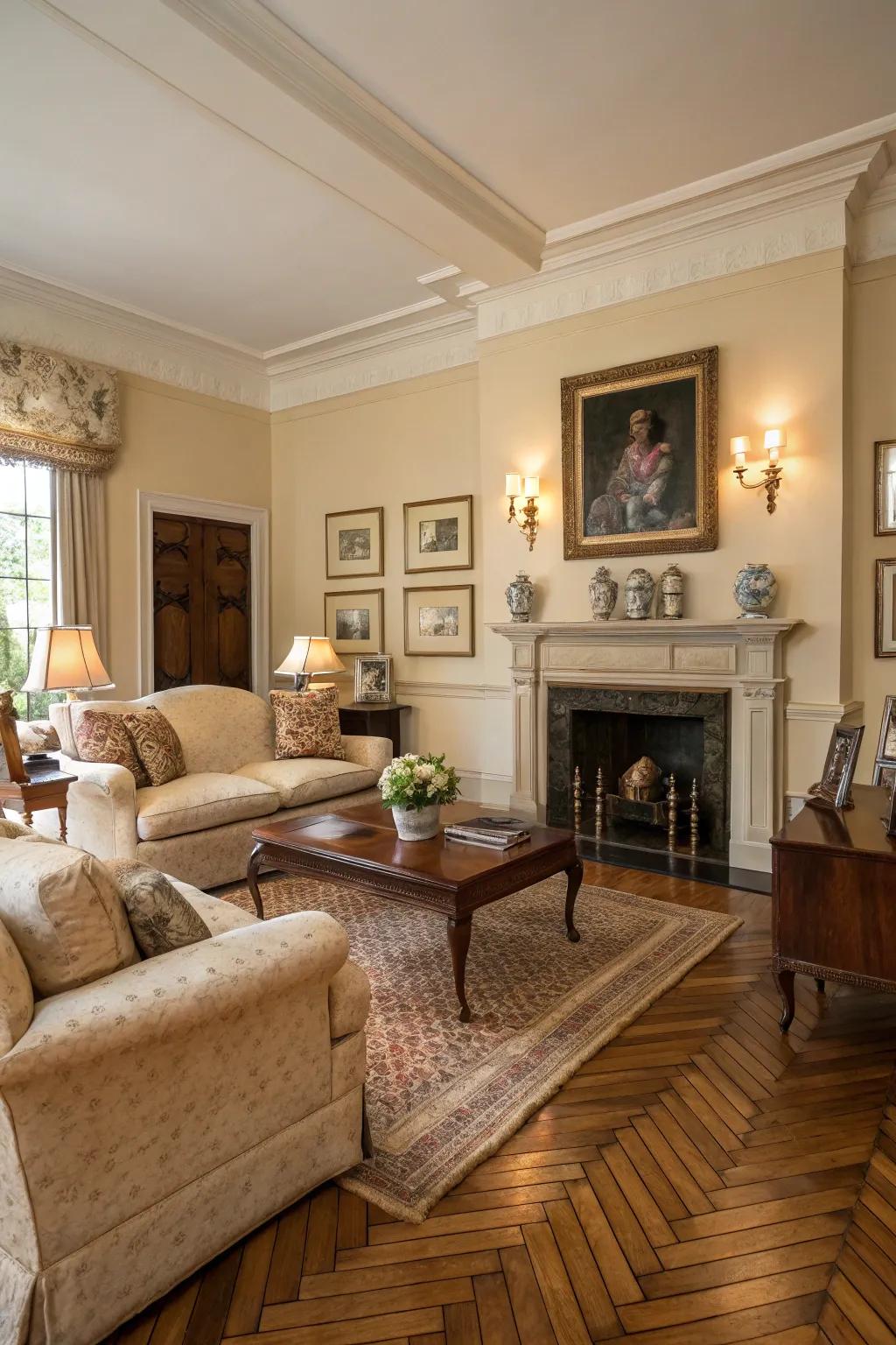 A classic living area with consistent width wood planks providing a timeless appeal.