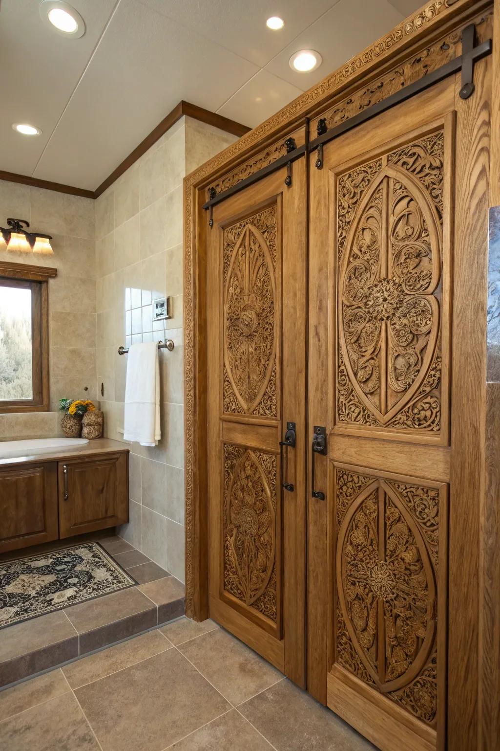 Custom carvings add a personal and artistic touch to shower doors.