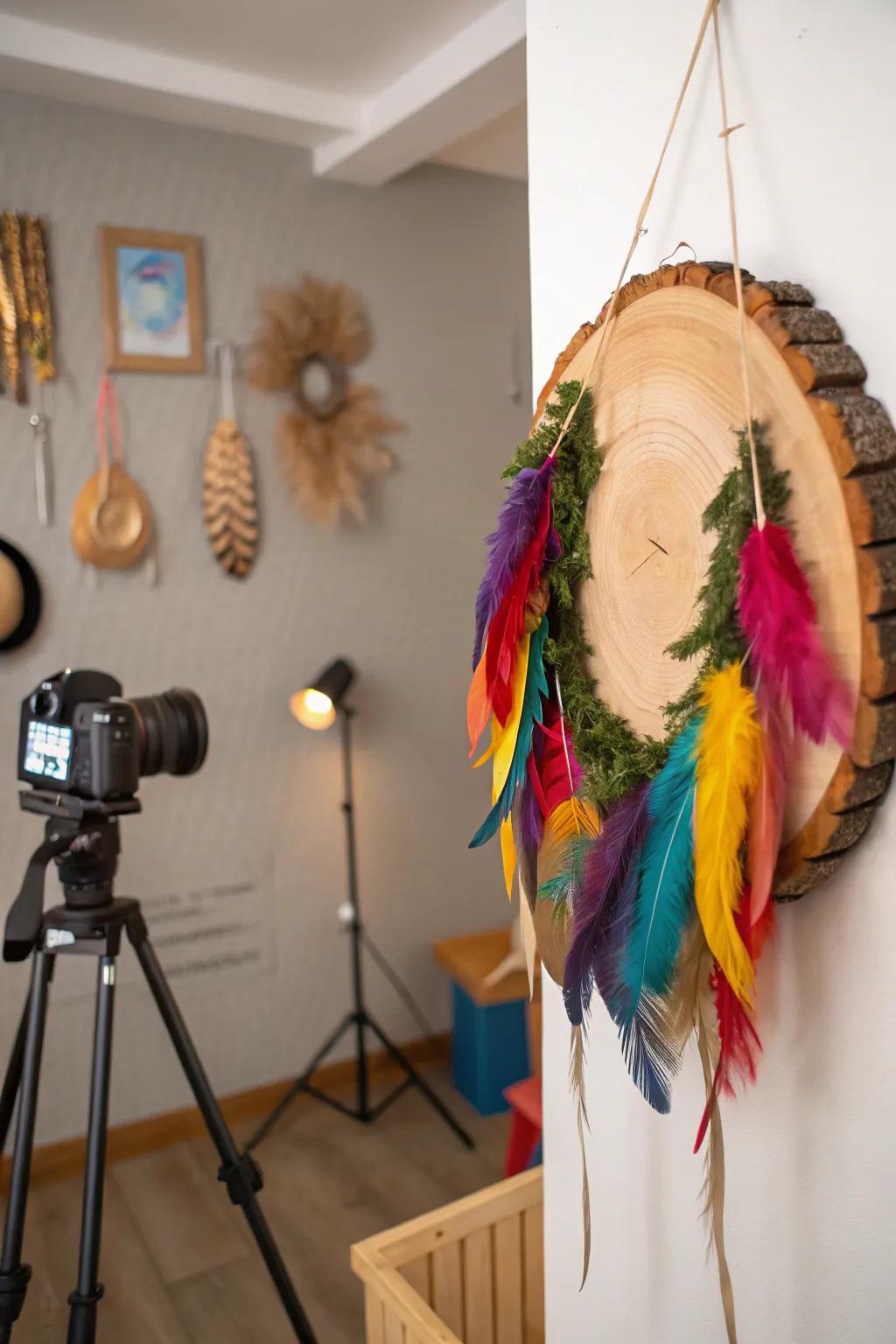 Wood circle and feather delight for a whimsical touch.