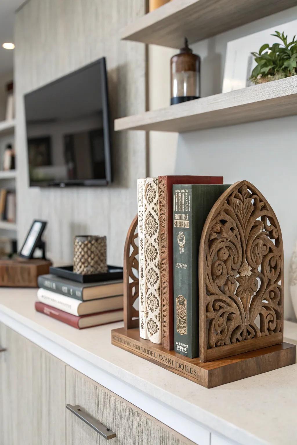 Timber book stabilizers add charm and arrangement to any library.