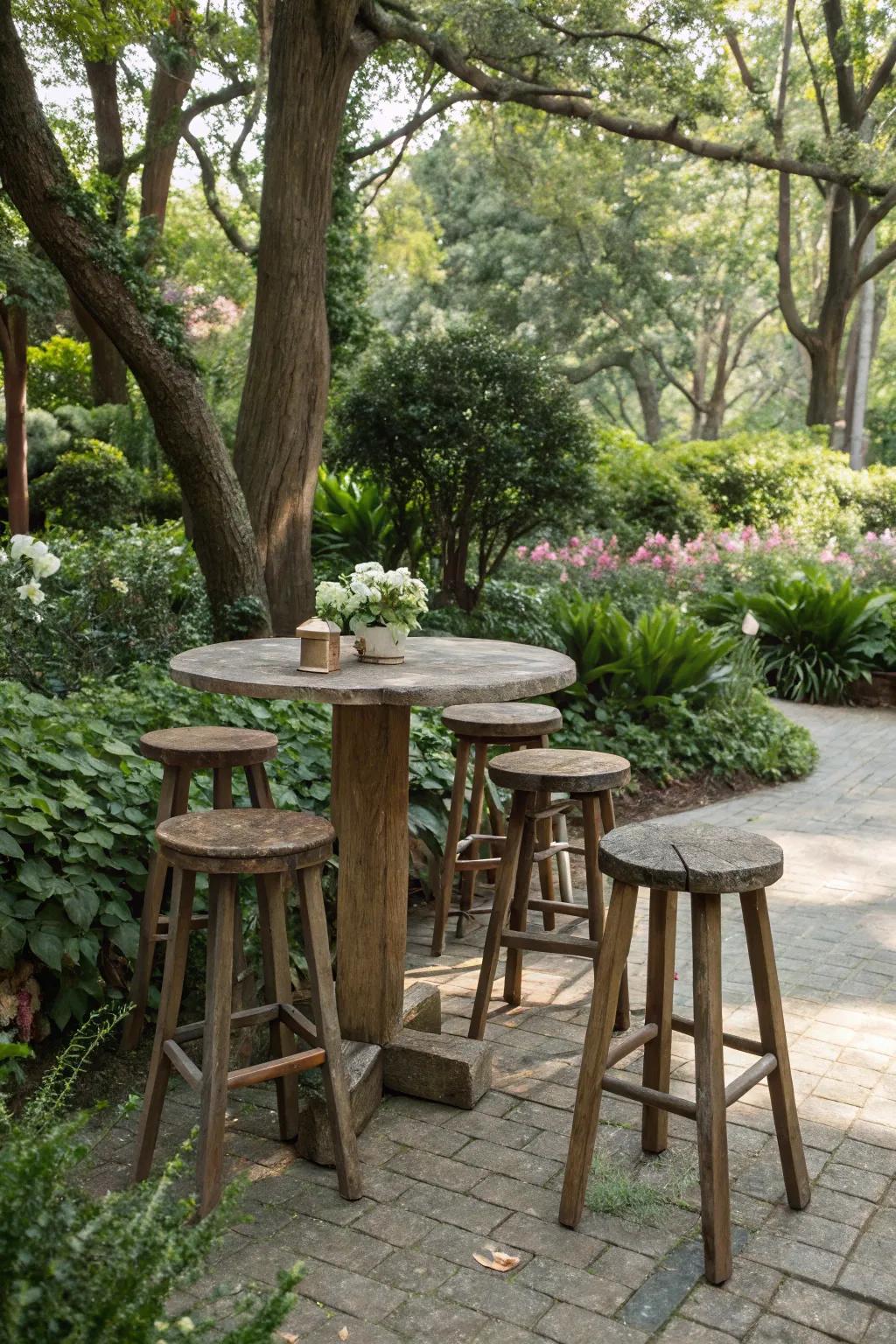 Weather-resistant hardwood stools are perfect for outdoor gatherings.