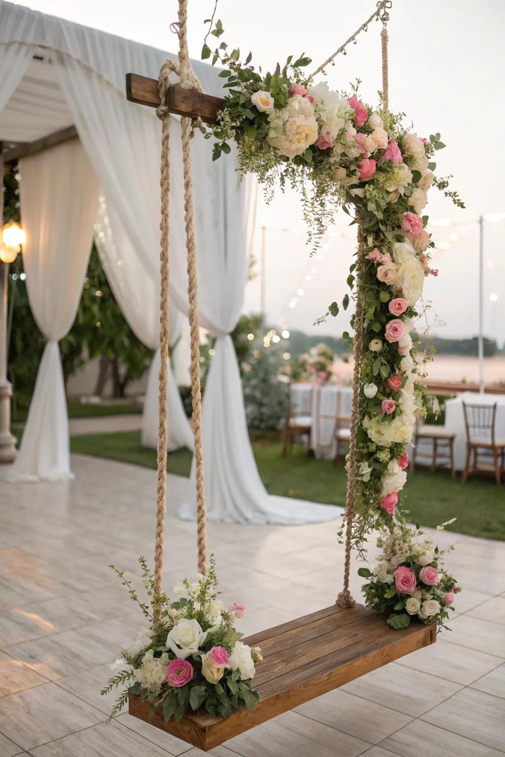 A timber swing with blossoms infuses weddings with whimsy and romance.