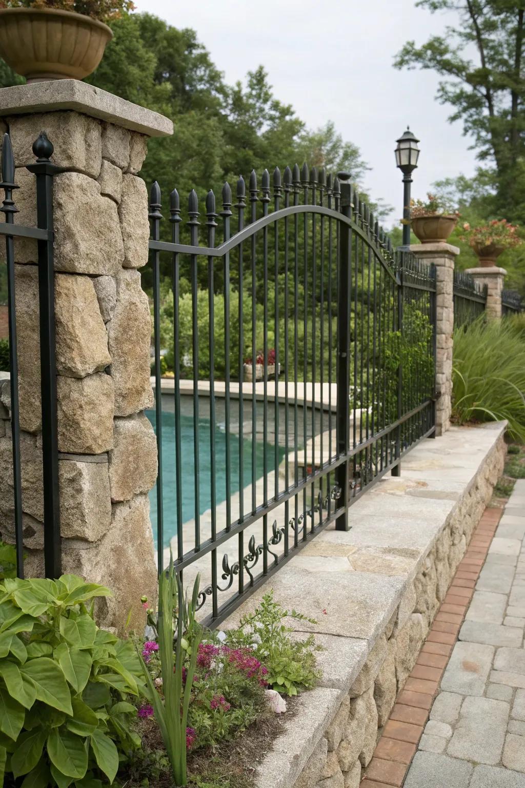 Textured finishes on the wrought iron fence mimic natural elements.