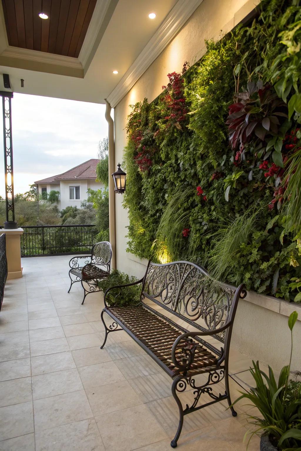 A vertical garden backdrop enhances the wrought iron patio experience.