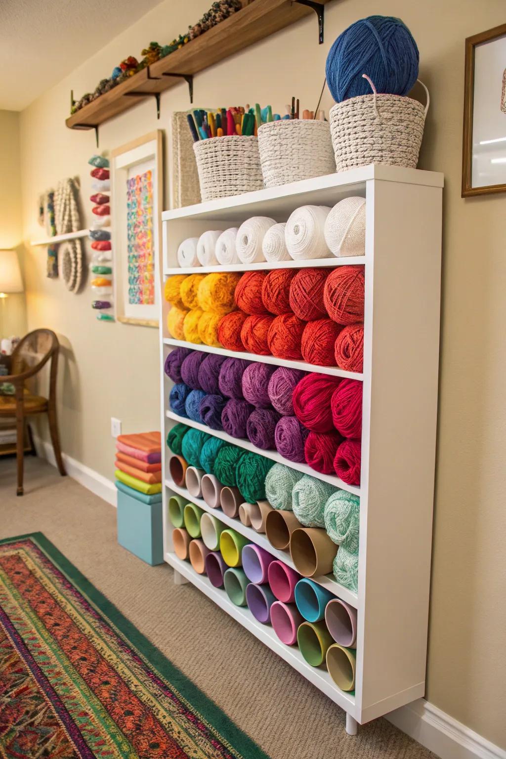 A DIY plastic piping organizer provides efficient and tidy yarn storage.