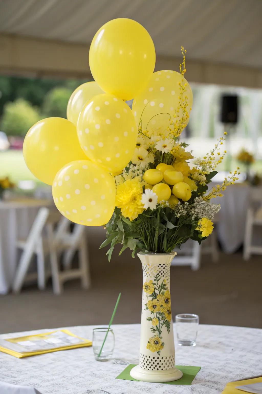 Striking centerpiece with golden spheres.